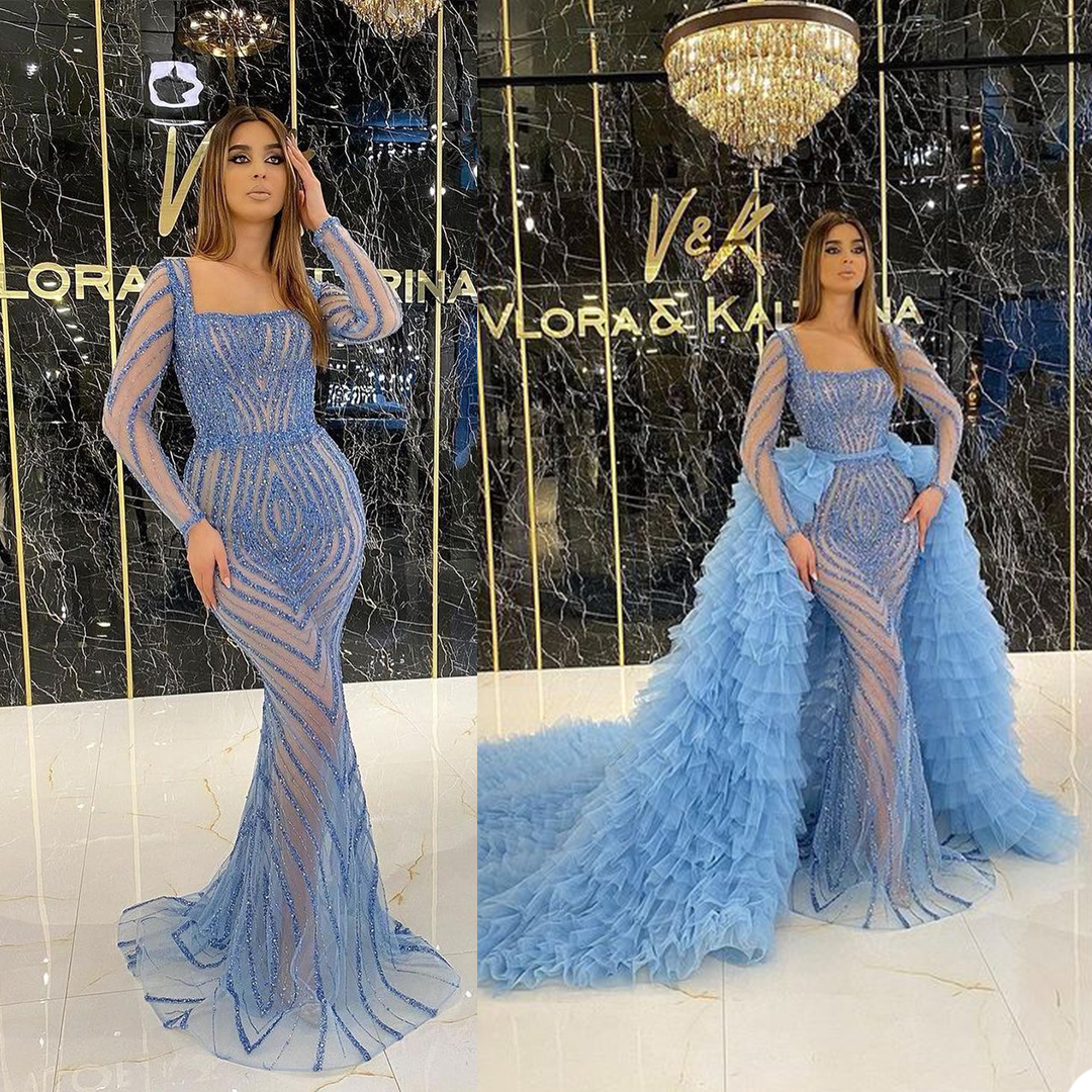 Luxury Design Evening Dresses With Detachable Train Long Sleeve Mermaid Prom Dress Glitter Sequins Square Neck Custom Made Robe De Soirée