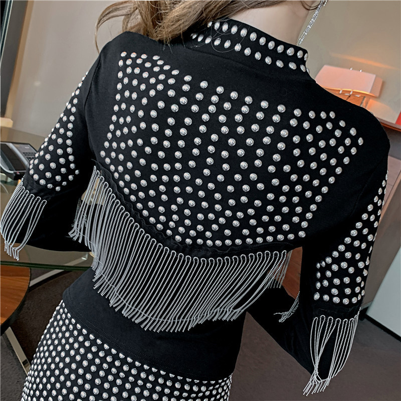 Spring Autumn Sexy Rivet Tassel Coat Womens Fashion Korean Clothes Shiny Zipper Jacket Ropa Mujer Cotton C03201 201112