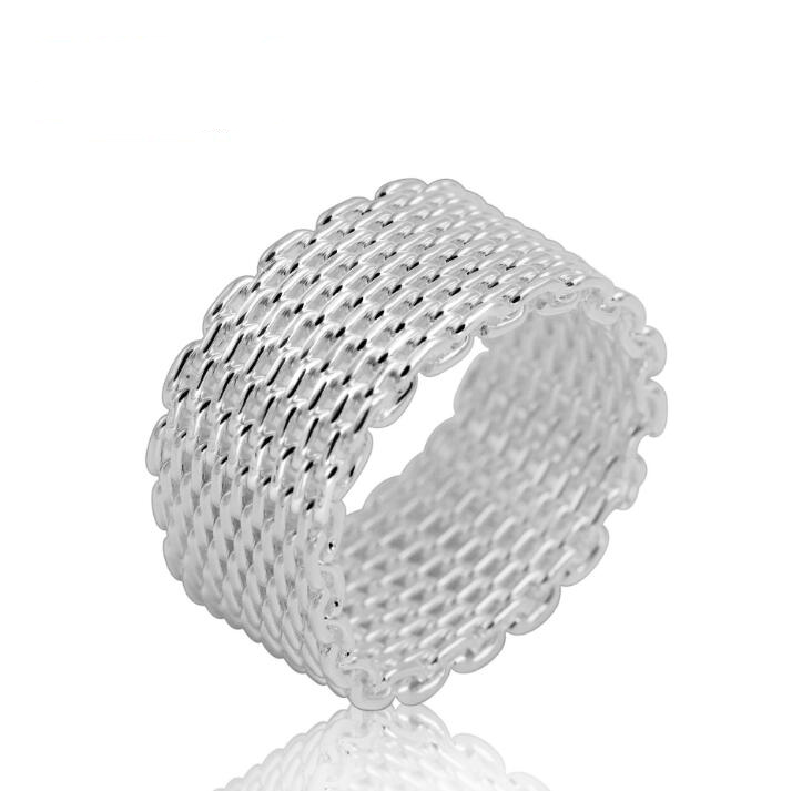 925 Sterling Silver plating Ring 10MM Weave Mesh Finger Ring Band ring for Women Fashion Wedding Jewelry Gift MOQ 20 pcs size US 6-9