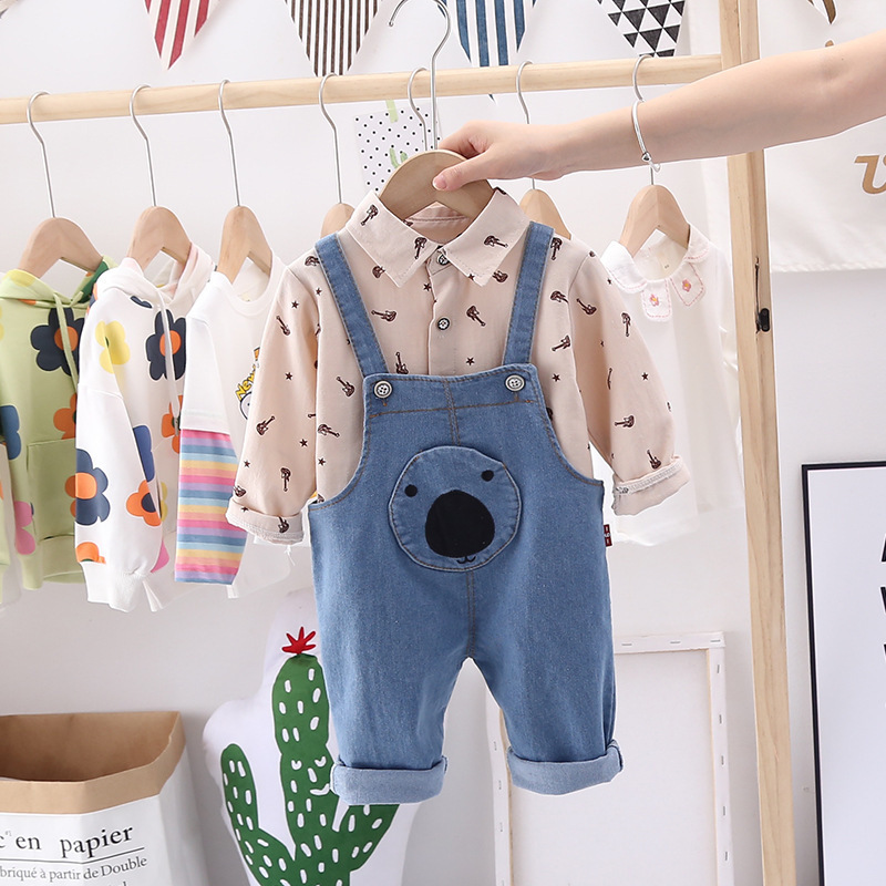 Medium-small tb Treasure 0-4 Years Old Autumn Clothing New Style BOY'S Versatile Long-sleeved Shirt Casual Cowboy Suspender PantX1019