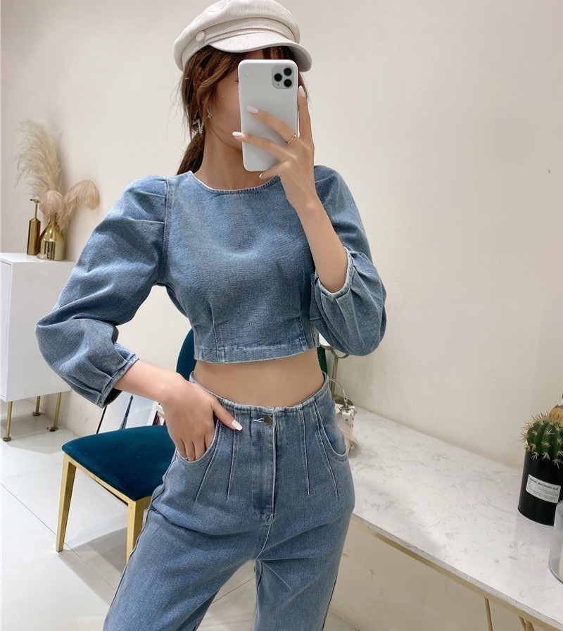 spring Sexy Denim Two Piece Set Women Fashion Round Neck 3/4 Sleeve Navel Top + High Waist Denim Pencil Pants 2 Piece sets 201119