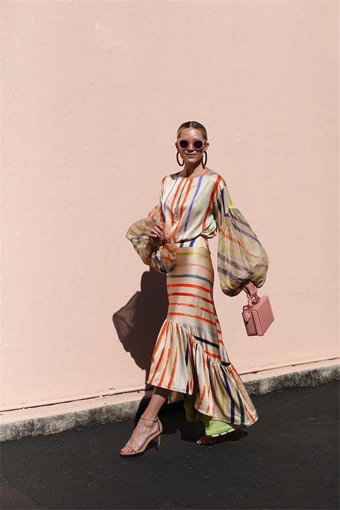 Womens Summer Designer Two Piece Dress Round Neck Long Sleeve Rainbow Stripe Dress Two Piece Set, White
Womens Summer Designer Two Piece Dress Round Neck Long Sleeve Rainbow Stripe Dress Two Piece Set, White