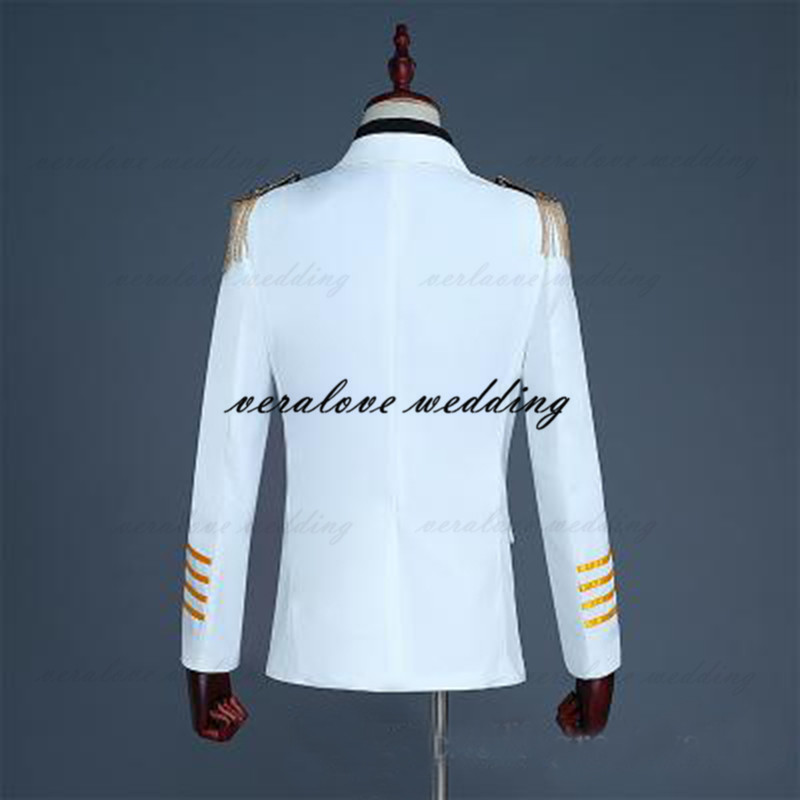 Navy Blue Men Suits 2 Pieces (Jacket+Pants) Stage Performance Studio Captain Uniform Wedding Tuxedos Groom Wear