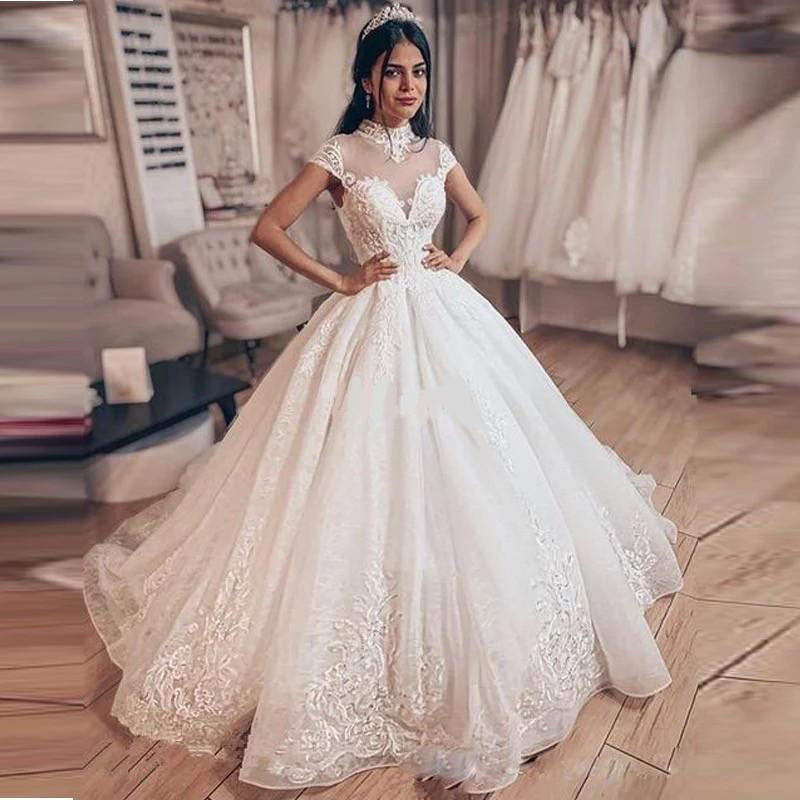 Princess Ball Gown Wedding Dresses High Neck Cap Sleeve Hollow Back Sweep Train Lace Appliques Chapel Garden Bridal Gowns vestidos de novia