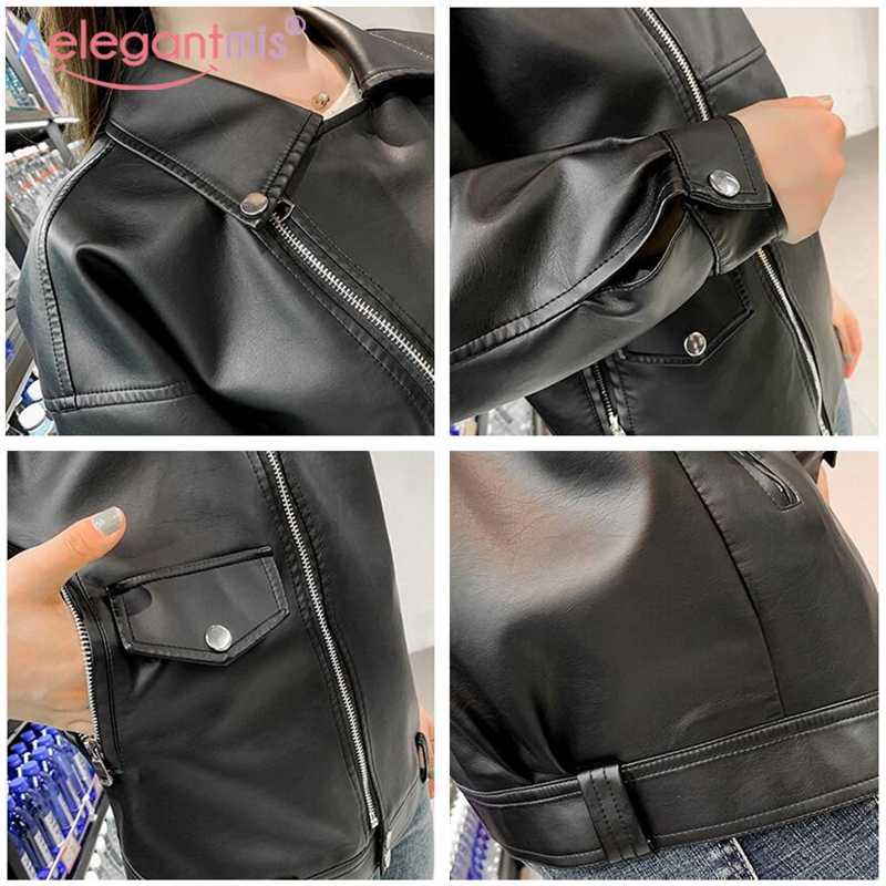 Aelegantmis Fashion Women Loose Motorcycle Faux Leather Jackets Ladies Long Sleeve Autumn Winter Biker Streetwear Coats 201028
