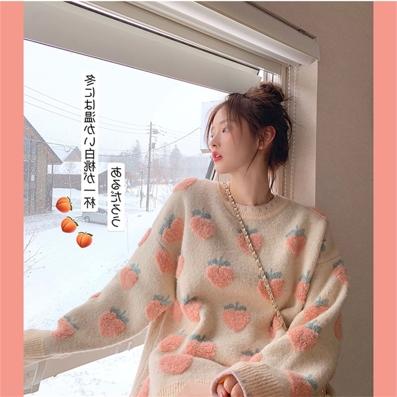 Spring Winter Sweet Lolita Cute Pink Cartoon Strawberry Peach Snowflake Knit Women Casual Pullover loose Sweater Long Style Top 201023