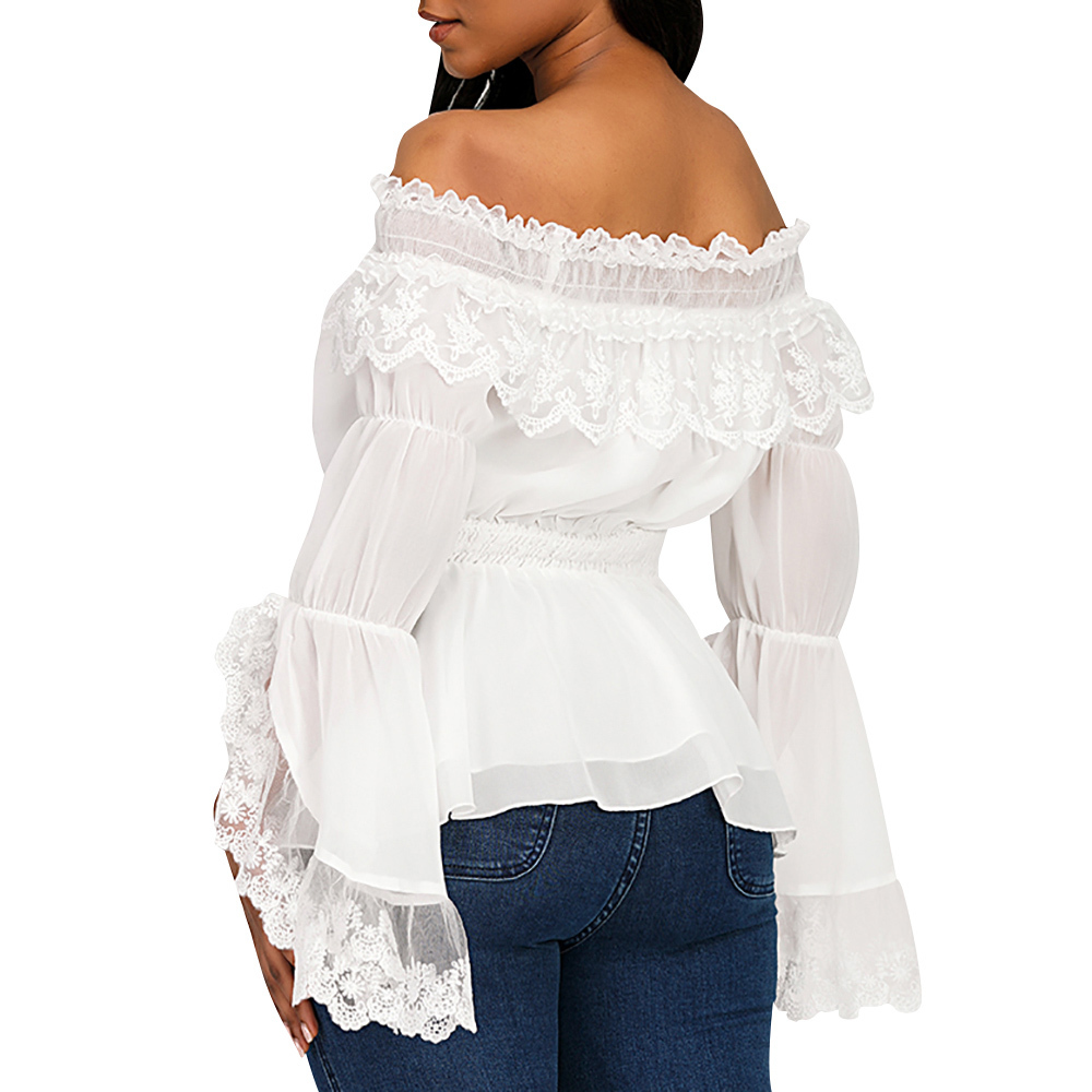 Lace Lolita Shirt Women Floral Embroidery Blouses Shirt Cosplay Ladies Slash Neck Tops Mesh Elegant See-through White Shirt 201125