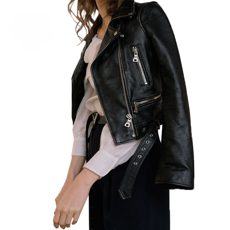 FTLZZ New Women Autumn Winter Black Faux Leather Jackets Zipper Basic Coat Turn-down Collar Motor Biker Jacket With Belt 201020