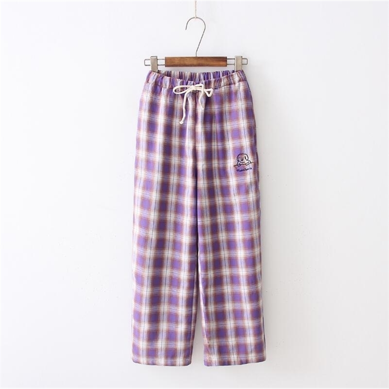 Harajuku Plaid pants students Korean loose retro soft sister purple cartoon dog elastic waist wide leg nine pants 201031