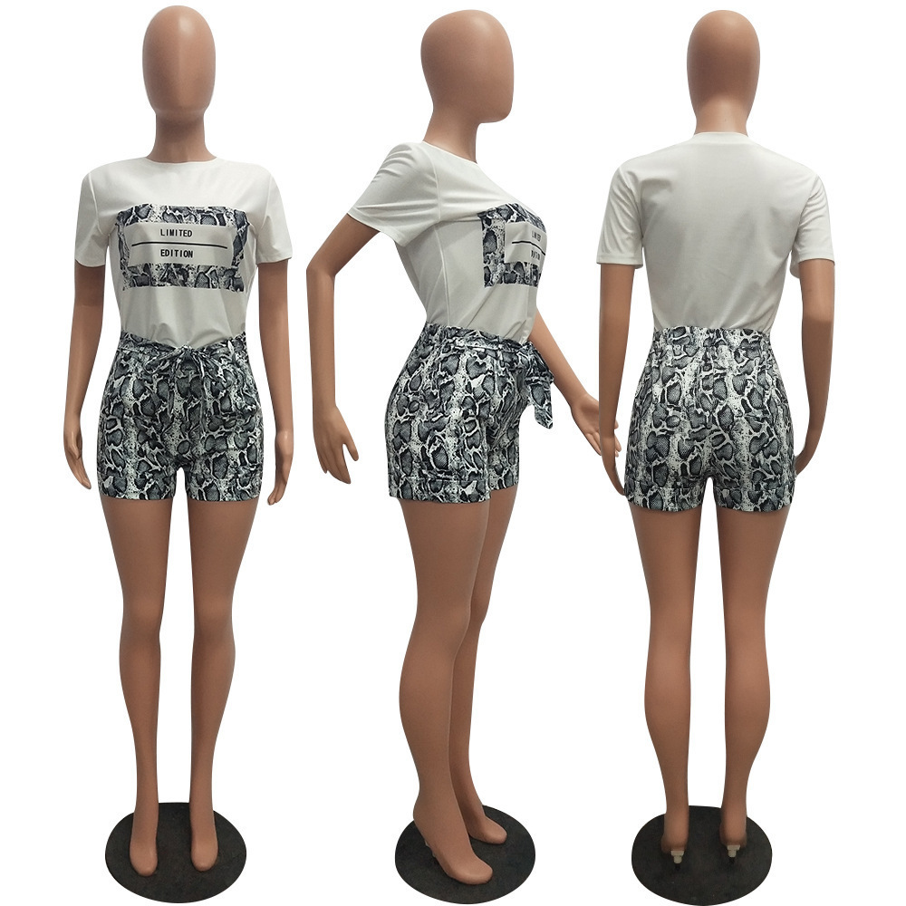 Echoine Women Snakeskin Print 2 Pieces Sets Summer Short Sleeve T Shirt Casual Shorts Red/Orange Tracksuit Outfits S-XXL T200603