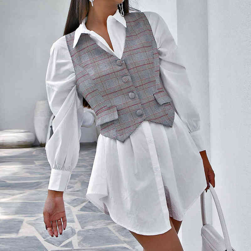 Vintage vest women plaid jacket sleeveless elegant single breasted v neck top korean cardigan 211220