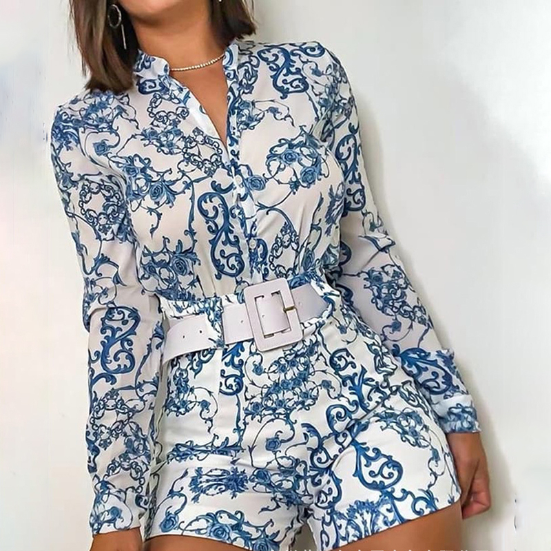 DEAT Autumn Fashion Casual Sashes Slim Blue Button Printed Long Sleeve Shirt Shorts Two Piece Set Women Outfits SE706 201119