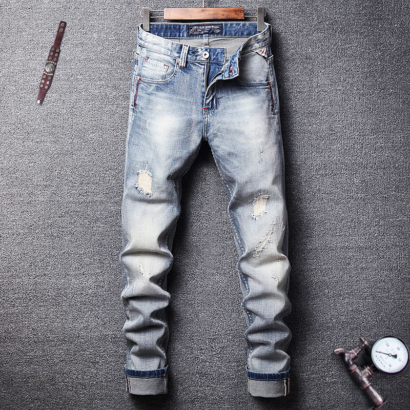 2021 New Italian Style Fashion Light Blue Patchwork Ripped Men High Quality Denim Pants Streetwear Hip Hop Homme Ragd, Retro light blue
2021 New Italian Style Fashion Light Blue Patchwork Ripped Men High Quality Denim Pants Streetwear Hip Hop Homme Ragd, Retro light blue