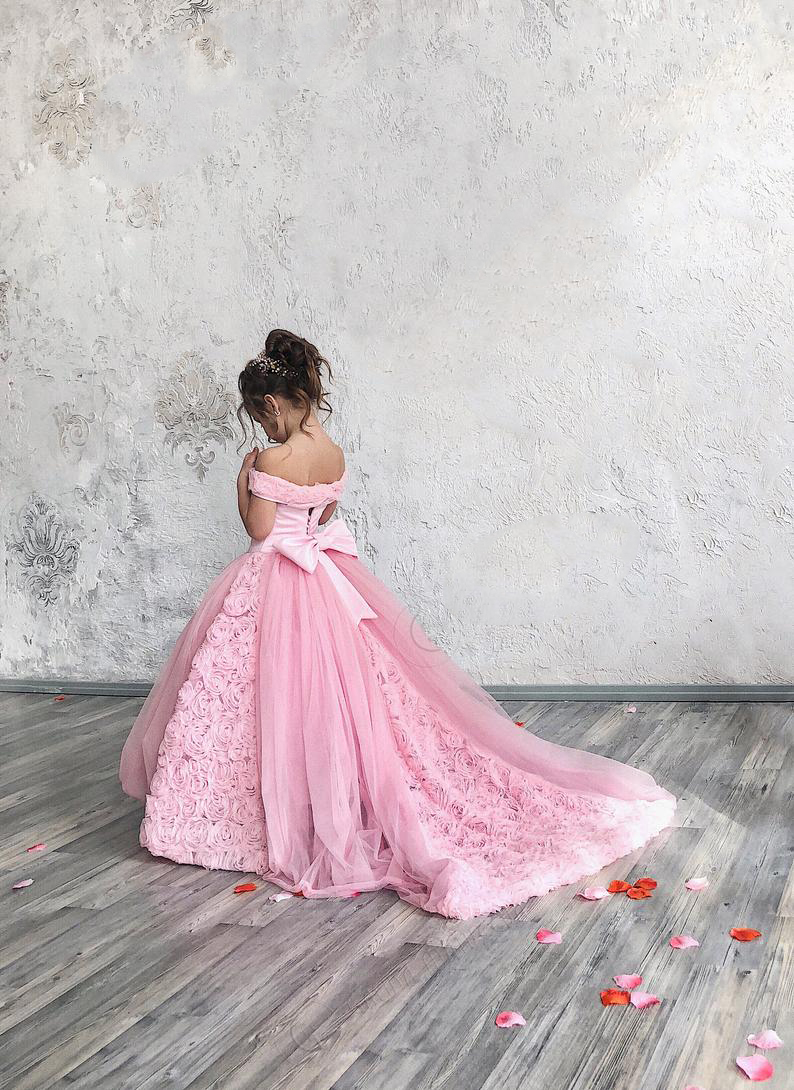pink off shoulder pageant dresses with bow sash 3d flowers sweep train girls birthday party gowns