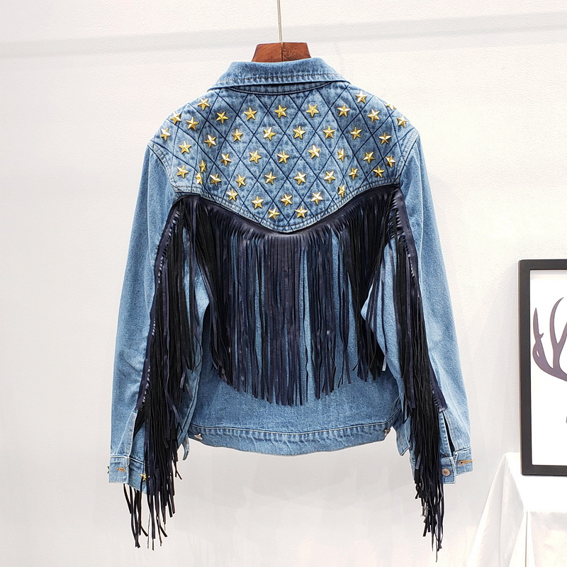 DEAT Autumn Winter Long Sleeve Turn Down Collar Rivet Tassel Red Denim Jacket Women Coat Streetwear MK007 201019