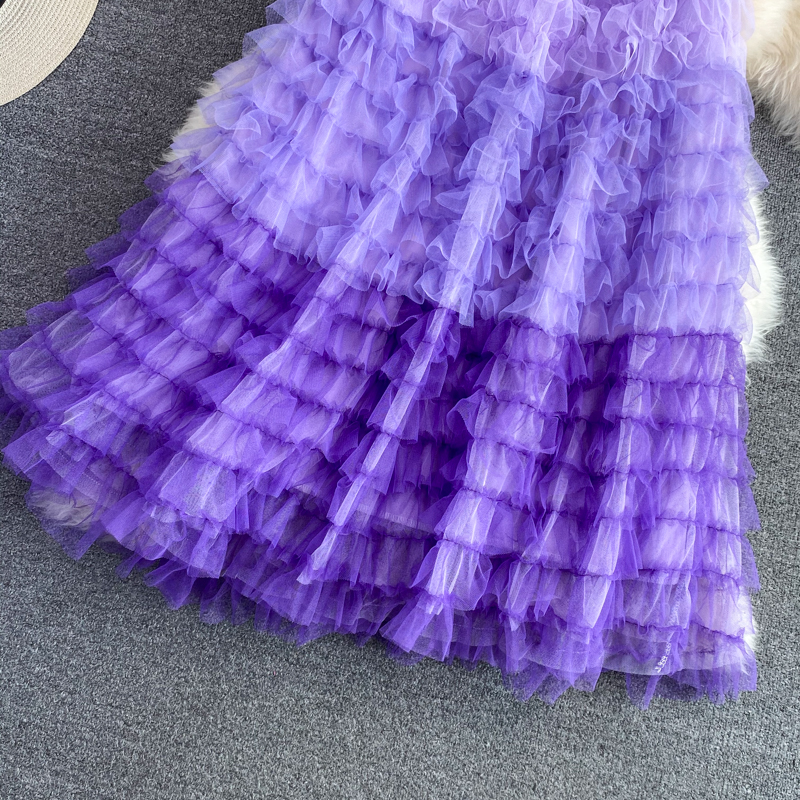 Purple/Blue/Orange Mesh Long Skirt Casual High Waist Cascading Ruffle Midi Faldas Female Autumn Draped Saias 2024 New Fashion