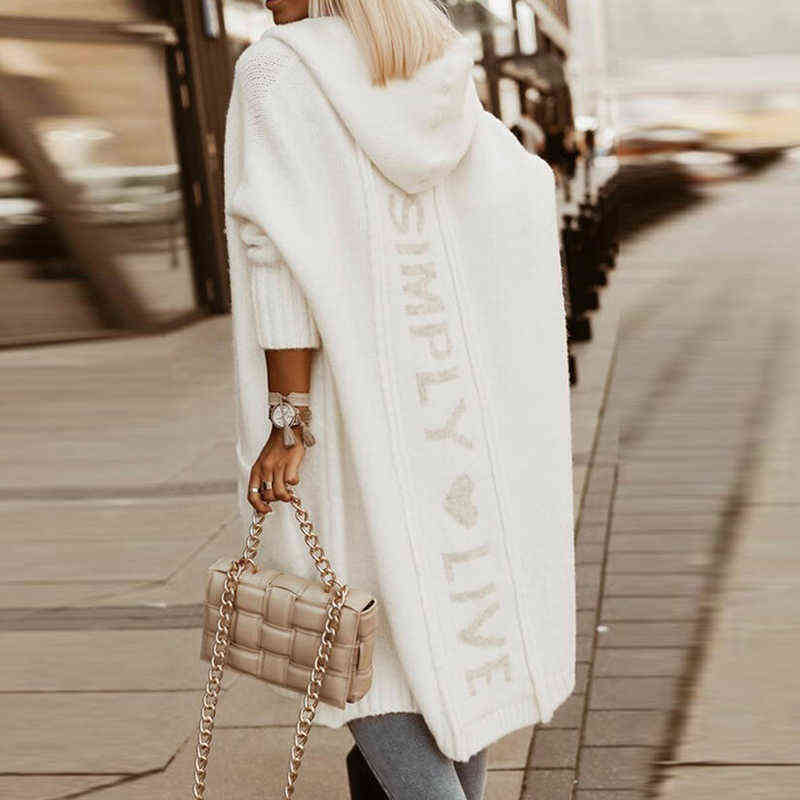 Autumn Winter Women Sweater Cardigan Fashion Letter Printed Hooded Sweater Coats Casual Long Sleeve Knitted Loose Overcoats 220124