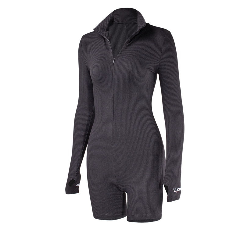 Women Outfit Embroidery Lucky Label Slim Jumpsuits Zipper High Neck Bodycon Jumpsuit Romper Casual Shorts Sporty Fitness