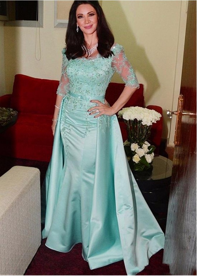 Evening Dresses Mint Green Bateau Neck Lace Applique Beads Half Sleeves Satin Overskirts Mermaid Plus Size Mother Prom Guest Dress