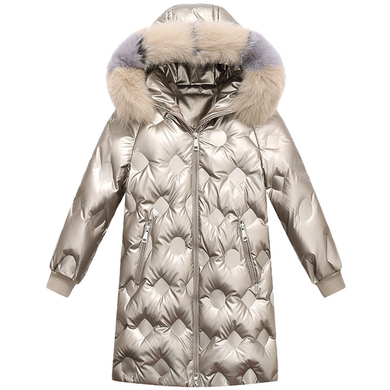 Winter Snowsuit Girls Clothes Duck Down Jacket Waterproof Shiny Big Fur Hooded Coat Girl Children 2020 new Teenage Winter Coat LJ201017