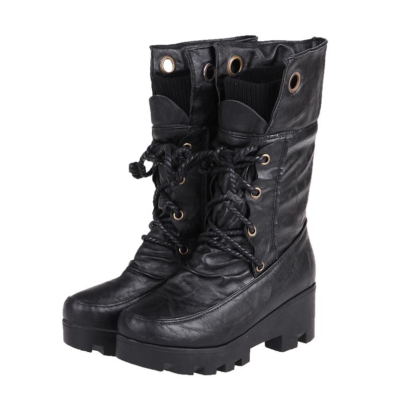 BBLXQPYT Punk Style Platform Women Mid calf Boots Motorcycle Boot Fashion Lace up Ladies Chunky heel Shoes Black Big size 43 583