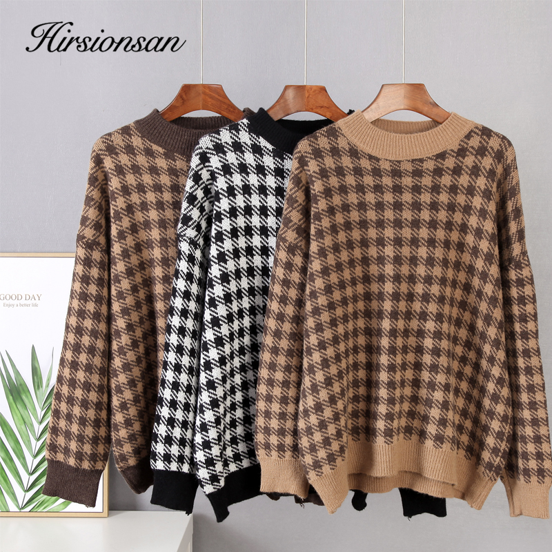 Hirsionsan Khaki Houndstooth Cashmere Sweater Women Loose Casual Knitted Pullovers Autumn Soft Knitwear Female Retro Jumper 201224