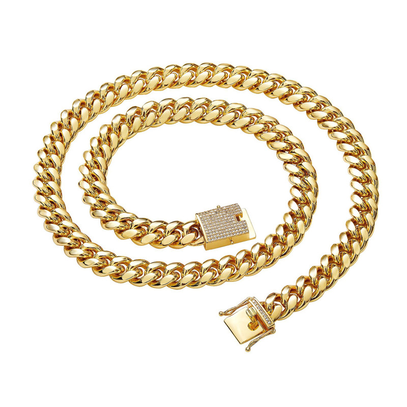 14mm 18-30inch Women Fashion Stainless Steel Chain Necklace Yellow Gold Color Bracelet Men Hip Hop Rock Jewelry