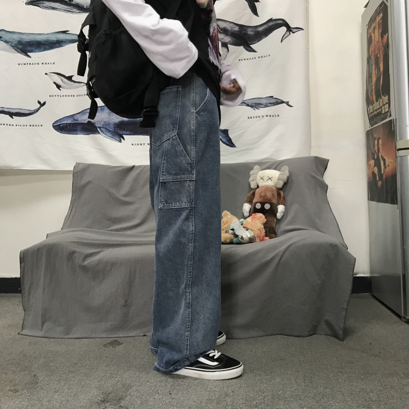 Men's Work Trousers Wide Leg Pants Male Baggy Homme Cargo Pocket Jeans Loose Blue Color Mens Casual Pants Plus Size S-XL LJ201027