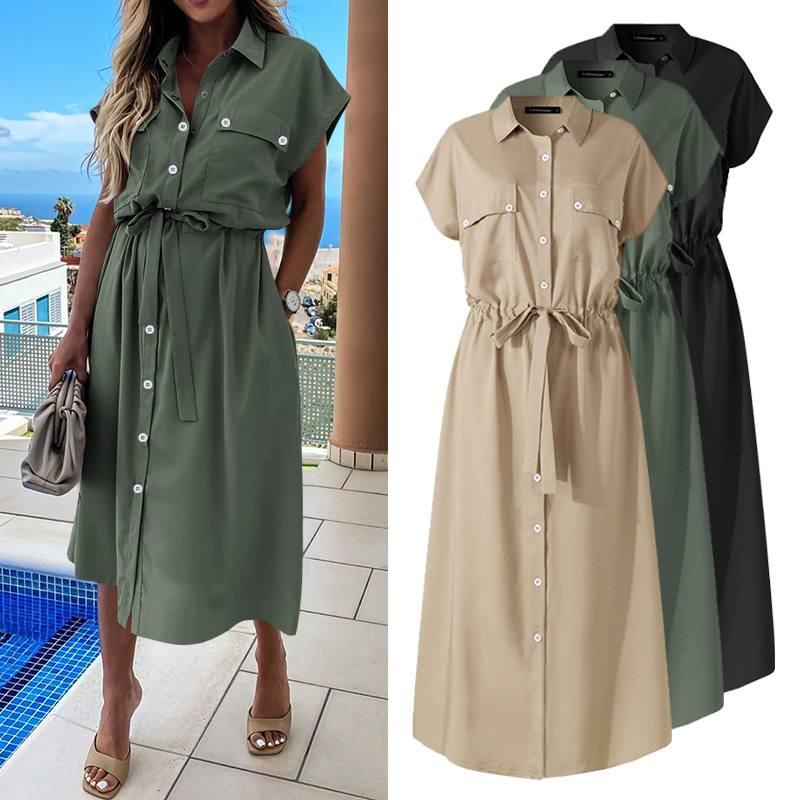 Elegant Dress Celmia Women Summer Lapel Short Sleeve Midi Sundress Plus Size Casual Loose Buttons High Waist Work Vestidos Robe, Black
Elegant Dress Celmia Women Summer Lapel Short Sleeve Midi Sundress Plus Size Casual Loose Buttons High Waist Work Vestidos Robe, Black