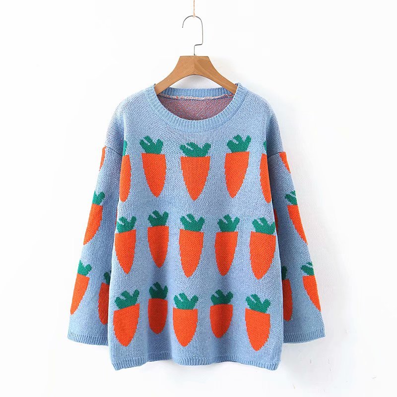 Women's Cozy Carrot Print Sweater Cute Cartoon Crew Neck Long Sleeve Oversized Pullover Jumper Fall Winter Knit Tops / 201221
