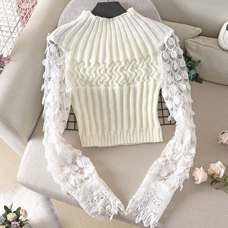 Three-dimensional Circle Bubble Sleeve Tight Skinny Short Sweater Sweater Stitching Round Neck Sweater Women Tide 201111
