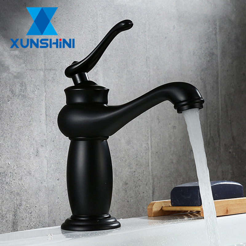 XUNSHINI Vintage Basin Faucet Bathroom Sink Faucet Single Handle Black Brass Deck Wash Mixer Tap Bath Crane T200710