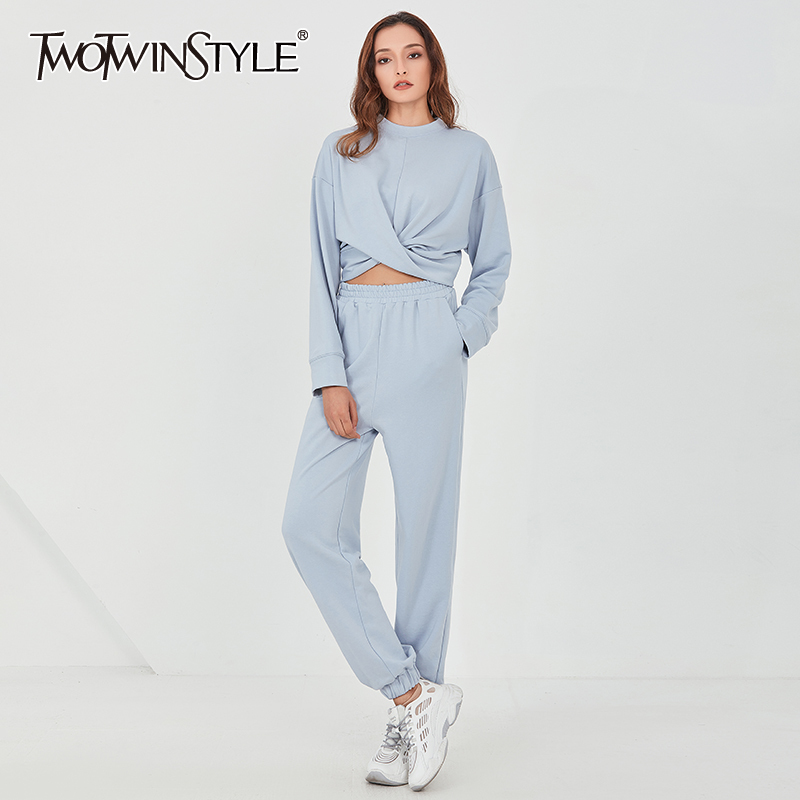 TWOTWINSTYLE Casual Two Piece Set For Women O Neck Long Sleeve Cross Ruched High Waist Wide Leg Pants Loose Sets Female New 201119