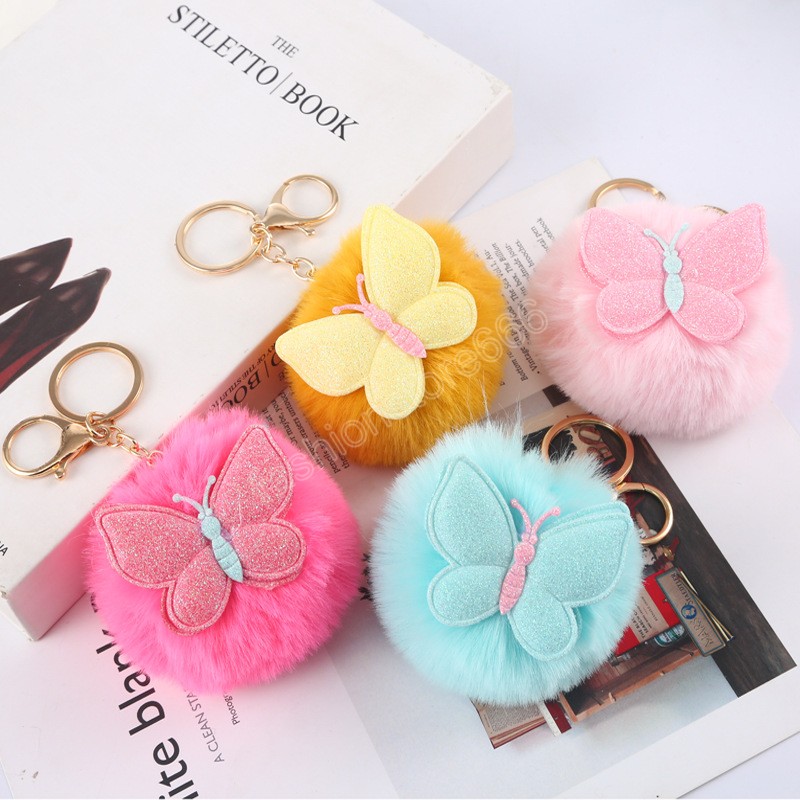 Lovely Fluffy Fur Pom Pom Key Chains Soft Plush Ball Car Keyring With Butterfly Pattern For Women Handbag Pendant Jewelry Gifts