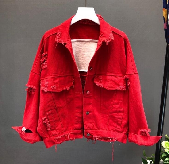 Spring Autumn Sequins Red Denim Jacket Women's Fashion Loose Short Hole Jacket Female Student BF Wind Black Jeans Coat Overcoats 201017