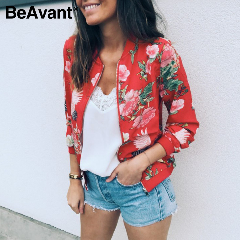 BeAvant Casual personalized floral print coat Zipper VNeck long sleeve women jacket Fashion street style slim autumn 201017