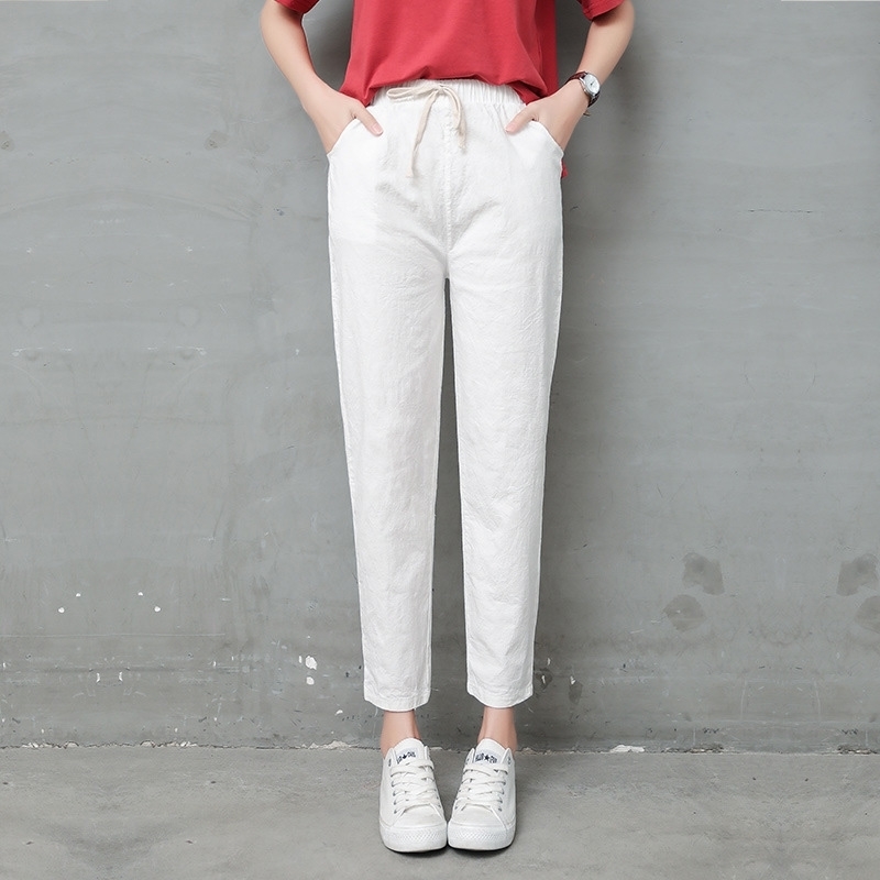 Cotton Linen Ankle Length Pants Women Spring Summer Casual Trousers Pencil Casual Pants Harem Women's Trousers High Waist Bottom 201109