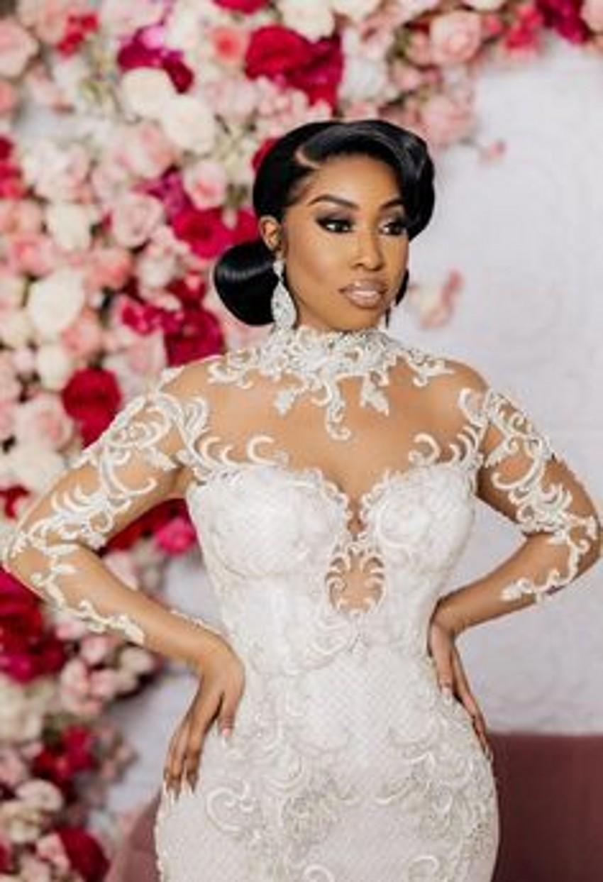 2022 Modest Mermaid Wedding Dresses Long Sleeves Bridal Gown Beaded Crystals High Neck Lace Applique Sweep Train Custom African Plus Size vestido de n