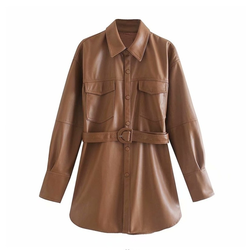 DEAT notched collar full sleeves PU leather single breasted waist belt female fashion autumn and winter jacket WN90904L 201026