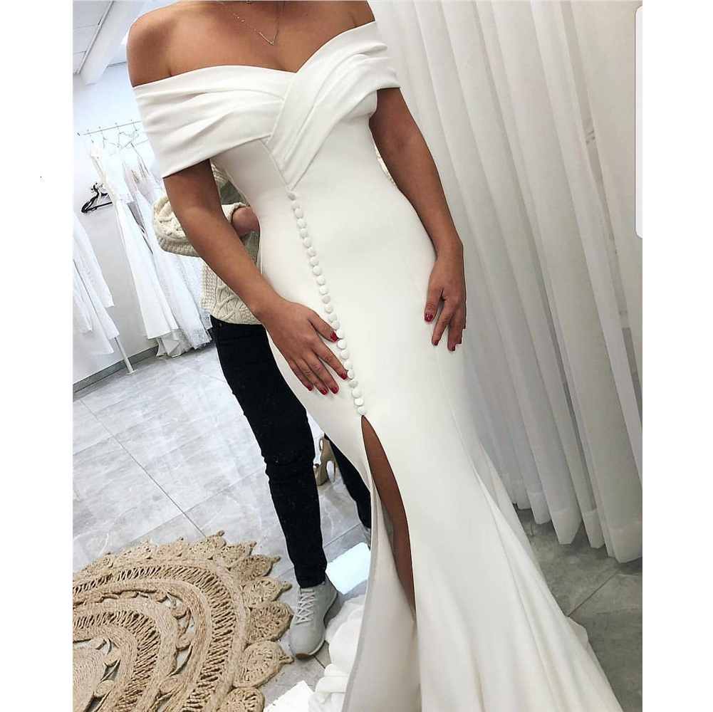 Simple White Satin Mermaid Wedding Dresses Off Shoulder Side Slit Long Bridal Gowns Covers Buttons Front Robe de mariage Vestidos de Novia
