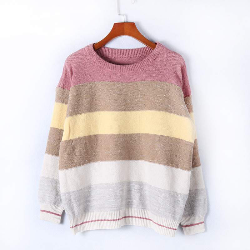 European and American Women's Fall/winter New Loose Round Neck Multicolor Stitching Sweater Top 201023