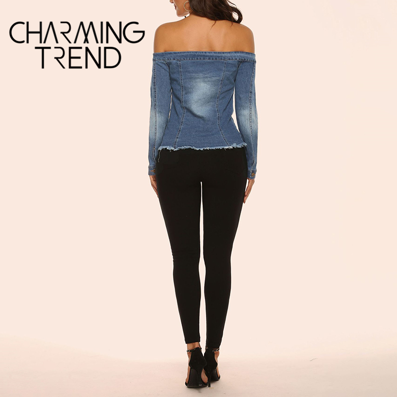 Women Blouse Chic Denim Women Shirt Spring Summer Long Sleeve Sexy Off Shoulder Button Double Pocket Jean Distress Women Tops 201125