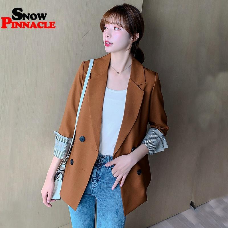 Women Blazer Autumn Casual double botton Women Blazer Pockets Jackets Female Retro Suits Coat Feminino blazers 201012