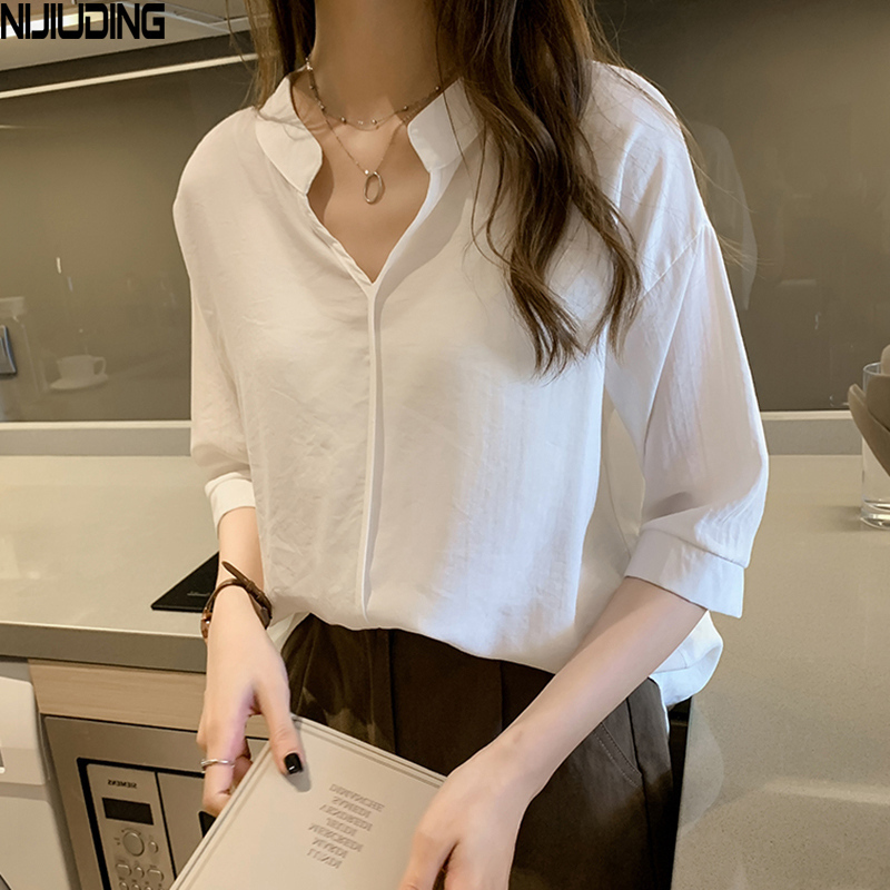 NIJIUDING Women Half Sleeve Loose Shirts Shirt OL Clothes Plain Casual Blouse Office Lady Summer Chiffon Shirts blusa feminina 201125