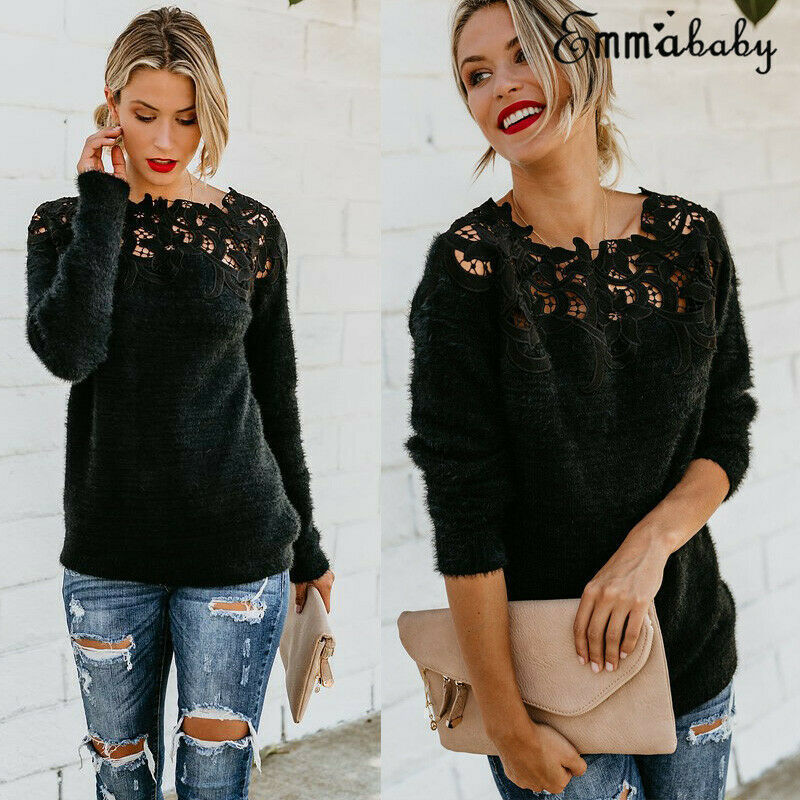 Womens Autumn Winter Warm Fluffy Sweater Tops Ladies Lace Jumper Pullover Blouse T200321