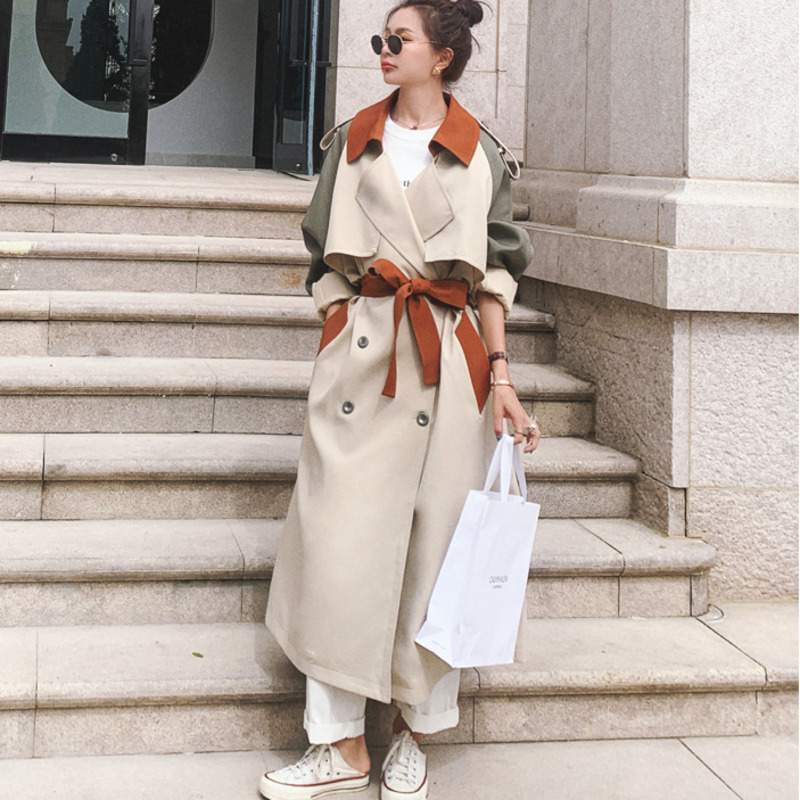 [DEAT] Women's Coat Full Sleeve Lapel Hit Color Lacing Over Long Loose Trench Bow Casual New Autumn Ashion Clothing AM787 201030