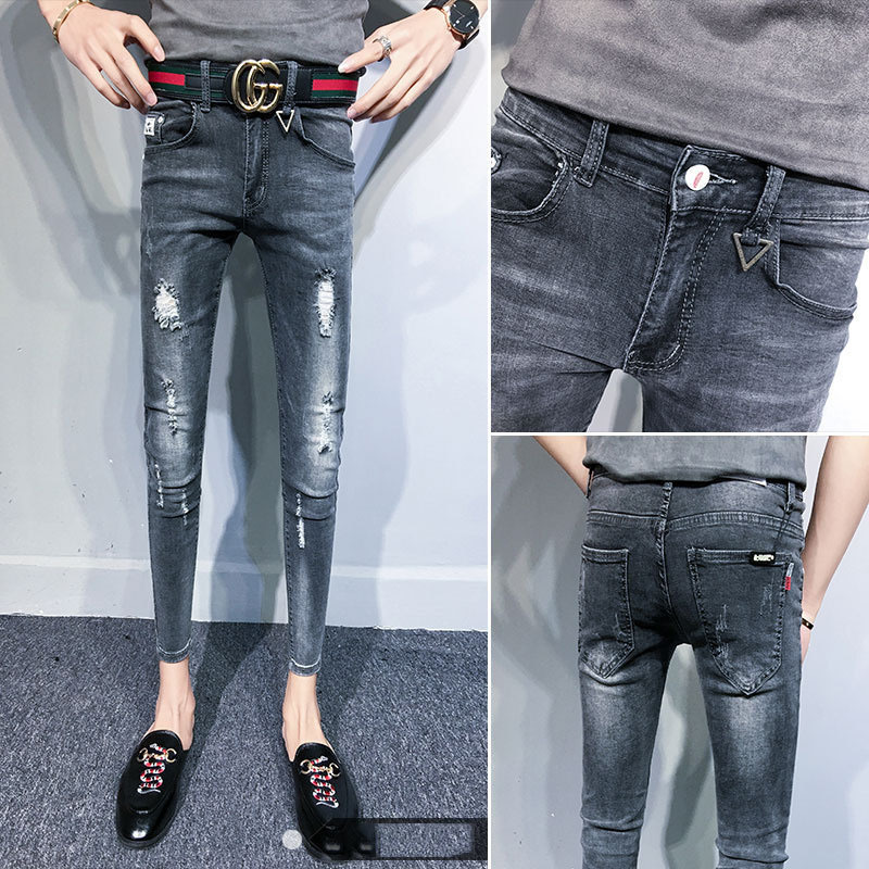 spring autumn skinny strech Casual ripped hole fashion black teenagers hip hop cowboy denim leg jeans men pencil pants 201128
