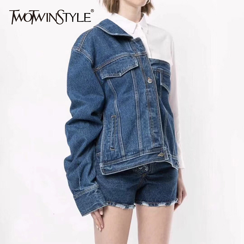 TWOTWINSTYLE Asymmetrical One Shoulder Denim Women's Jacket Lapel Collar Long Sleeve Pockets Female Jackets Autumn Fashion 201029