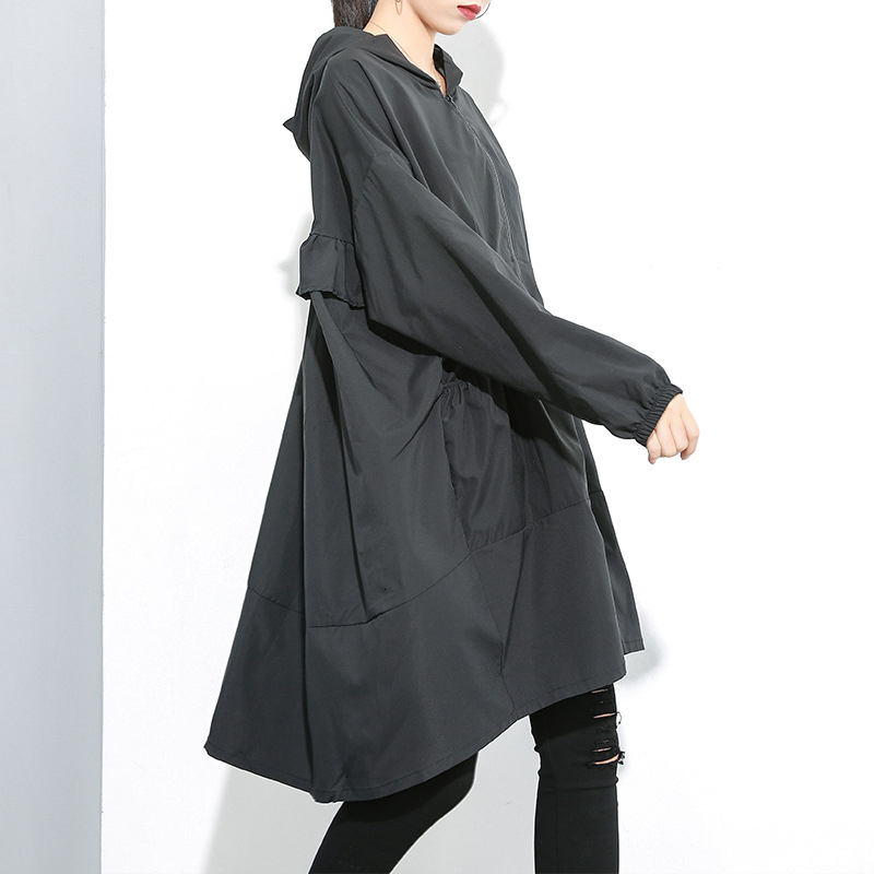 [EAM] Women Black Ruffles Big Size Thin Trench New Hooded Long Sleeve Loose Fit Windbreaker Fashion Spring Autumn 1M007 201028