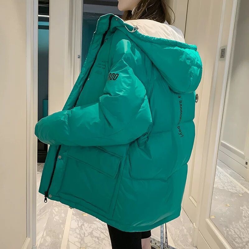 Winter Women Parkas Jacket Glossy Fashion Warm Hooded Down Cotton Coats letters Parka Zipper Padded Pocket Cold Coat 201017